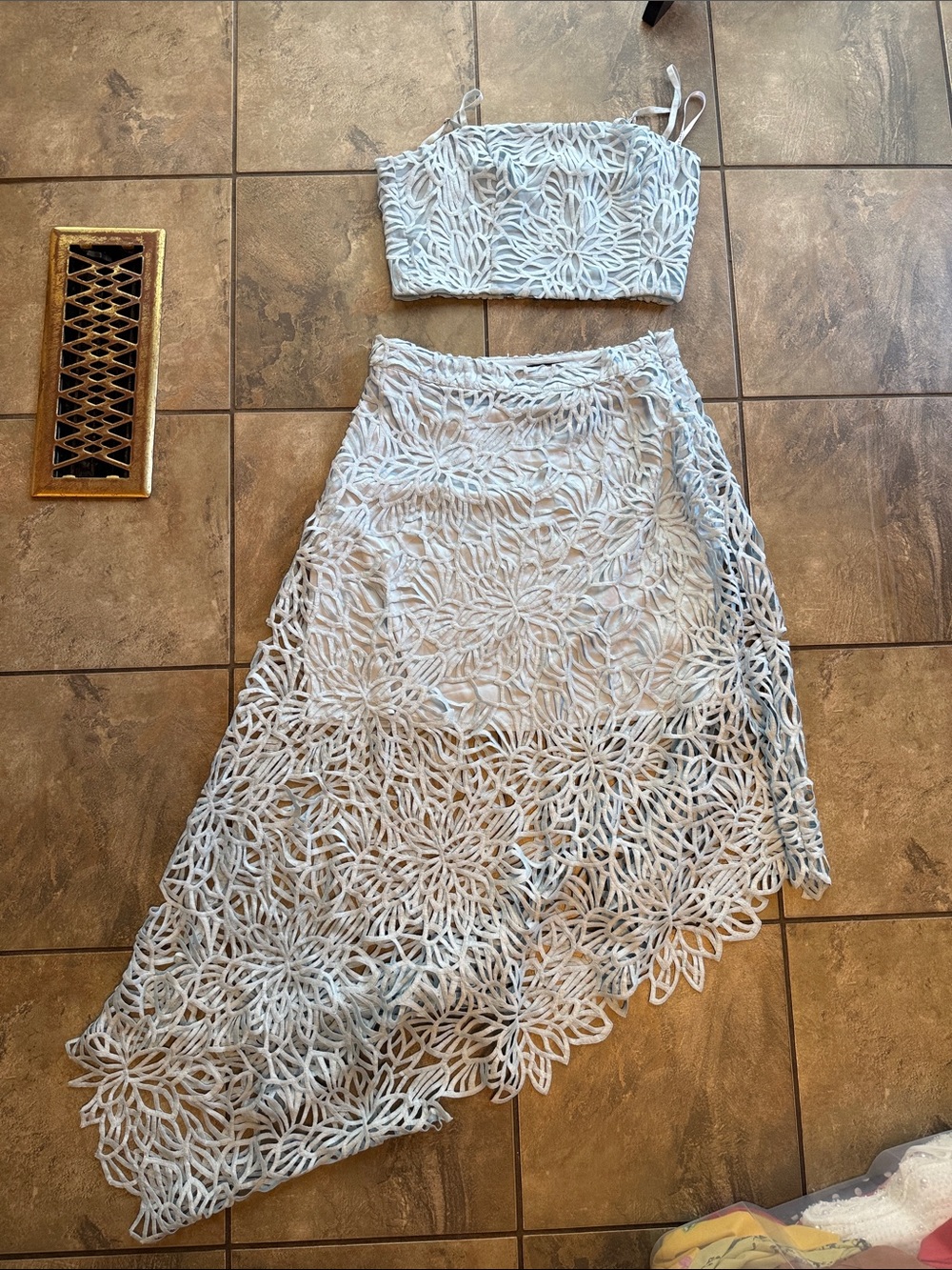 Guess by Marciano Light Blue Asymmetrical Crochet Skirt Set